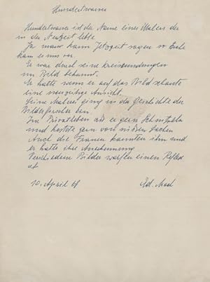 Hundertwasser. Eigenh. Manuskript m.U. (Maria Gugging 10.4.1968). 1 S. 4°.