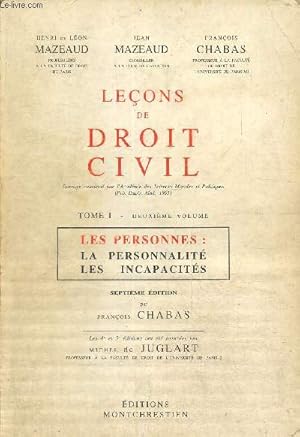 Imagen del vendedor de Leons de droit civil, tome I, volume 2 - Les personnes : la personnalit, les incapacits a la venta por Le-Livre