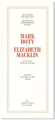 Imagen del vendedor de DIA CENTER FOR THE ARTS READINGS IN CONTEMPORARY POETRY . MARK DOTY / ELIZABETH MACKLIN . [wrapper title] a la venta por William Reese Company - Literature, ABAA