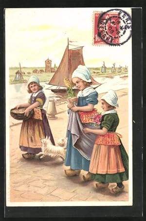 Bild des Verkufers fr Ansichtskarte Niederlndische Mdchen in Tracht warten im Hafen zum Verkauf von Bartko-Reher