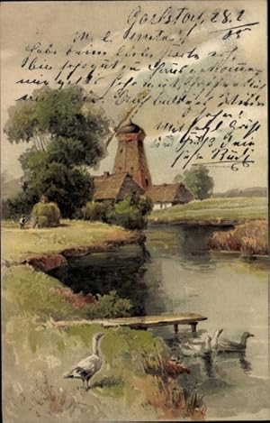 Litho Landschaft mit Windmühle, Enten am Fluss, Vom Lebenswege - Meissner Buch 1256