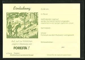 Bild des Verkufers fr Ansichtskarte Auf, auf zur fhlichen Jagd in Kleidung von FORESTA!, Jger schiessen im Wald zum Verkauf von Bartko-Reher