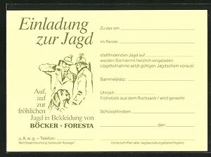 Bild des Verkufers fr Ansichtskarte Einladung zur Jagd, Auf, auf zur frhlichen Jagd in Bekleidung von BCKER+FORESTA, zwei Jger mit Hund zum Verkauf von Bartko-Reher