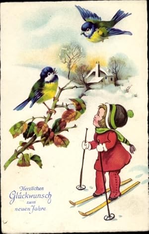 Ansichtskarte / Postkarte Glückwunsch Neujahr, Mädchen auf Skiern, Blaumeisen - Amag 2063