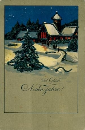 Glitzer Ansichtskarte / Postkarte Glückwunsch Neujahr, verschneites Dorf, Kirche, Tannenbaum