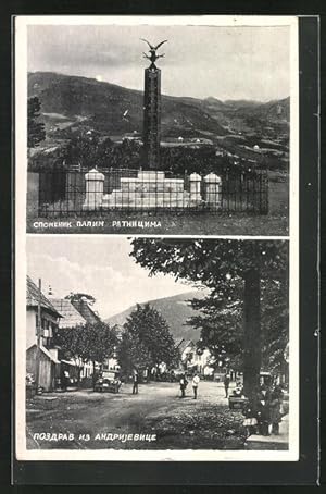 Ansichtskarte Andrijevica, Dorfstrasse mit Passanten, Denkmal