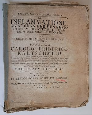 Bild des Verkufers fr Dissertatio inauguralis medica. De Inflammatione, Qvatenus Per Venae Sectionem . Beigebundenes Dekanatsprogramm zur Dissertation: Programma de virtutibus sulphuris antimonii aurati. zum Verkauf von Auceps-Antiquariat Sebastian Vogler