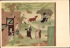 Künstler Ansichtskarte / Postkarte China, Chinesen in Trachten, Frau melkt eine Kuh