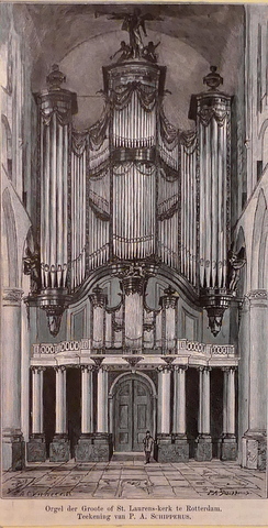 [Holzstich] Orgel der Groote of St. Laurens-Kerk te Rotterdam. Teekening van P.A. Schipperus
