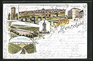 Lithographie Remscheid, Gewerbeschule, Wasserturm, Kriegerdenkmal