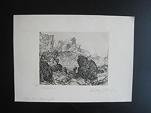 Image du vendeur pour Gaisalpsee?-Hochgebirgssee" Original-Radierung, 1918, in Platte monogrammiert, Musterrdruck, Platte: 12,5 x 15,5 cm; Blatt: 15,5 x 21,8 cm, links vom Motivecke gefindet sich eine radierte Stelle, sosnt gutes Blatt mis en vente par Antiquariat Schleifer