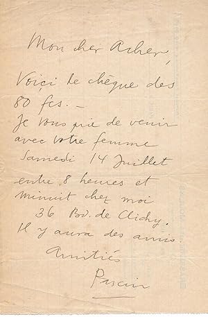 PASCIN Lettre autographe signée à Ernest Acher ?