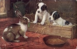 Image du vendeur pour Knstler Ansichtskarte / Postkarte Hundewelpen in einer Kiste, Hase - Tuck 9539 mis en vente par akpool GmbH