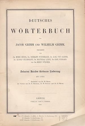 Bild des Verkufers fr 10. Band, 7. Lieferung. Sinn - Sitzen: Deutsches Wrterbuch von Jacob Grimm und Wilhelm Grimm. Bearbeitet von Dr. M. Heyne. im Vereine mit Dr. R. Meiszner, Dr. H. Seedorf und Dr. H. Meyer. Fortgesetzt von Dr. Moritz Heyne, Dr. Rudolf Hildebrand, Dr. Matthias Lexer u. Karl Weigand, Dr. Ernst Wlcker und Dr. Hermann Wunderlich. zum Verkauf von Fundus-Online GbR Borkert Schwarz Zerfa