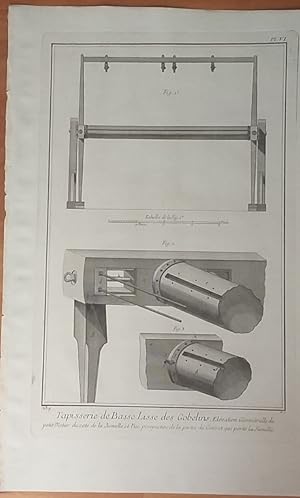 Immagine del venditore per [1 Blatt]. Tapisserie de Basse-Lisse des Gobelins, No. 239, Planche 6, Elvation Gomtralle du petit Metier du cot de la Jumelle et Vue perspective de la partie du Coteret qui porte la Jumelle. [Aus: Encyclopdie ou Dictionnaire raisonn des sciences, des arts et des mtiers: Tapisserie des Gobelins]. venduto da Fundus-Online GbR Borkert Schwarz Zerfa