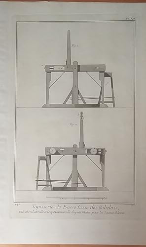 Imagen del vendedor de [1 Blatt]. Tapisserie de Basse-Lisse des Gobelins, No. 240, Planche 7, Elvation Latralle et Coupe Gomtralle du petit Metier pour les Jeunes Eleves. [Aus: Encyclopdie ou Dictionnaire raisonn des sciences, des arts et des mtiers: Tapisserie des Gobelins]. a la venta por Fundus-Online GbR Borkert Schwarz Zerfa