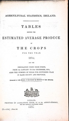 Bild des Verkufers fr Agricultural Statistics Ireland Tables Showing The Estimated Average Produce of the Crops for the year 1874 and the Emigration from Irish Ports zum Verkauf von Kennys Bookshop and Art Galleries Ltd.