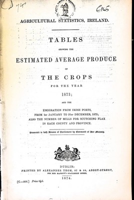 Bild des Verkufers fr Agricultural Statistics, Ireland: Tables showing The Estimated Average Produce of The Crops for the year 1873 and the Emigration from Irish Ports.and the number of Mills for scutching Flax zum Verkauf von Kennys Bookshop and Art Galleries Ltd.