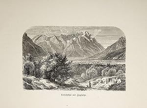 BAYERN, Loisachtal mit der Zugspitze, Ansicht ca. 1880 originale Druckgrafik