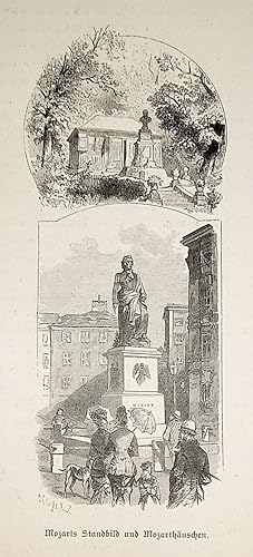SALZBURG, Mozart-Denkmal, Ansicht ca. 1880 originale Druckgrafik