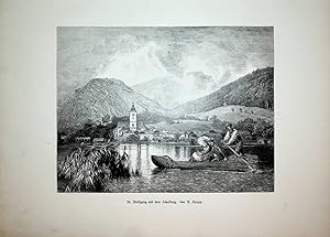 OBERÖSTERREICH, St. Wolfgang im Salzkammergut mit dem Schafberg, Ansicht ca. 1880 originale Druck...