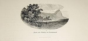 OBERÖSTERREICH, Drachenwand mit dem Mondsee, Ansicht ca. 1880 originale Druckgrafik