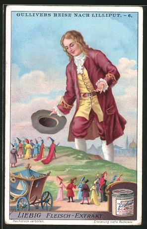 Bild des Verkufers fr Sammelbild Liebig`s Fleisch-Extract und -Pepton, Gullivers Reise nach Lilliput, er begrsst die kleinen Leute zum Verkauf von Bartko-Reher