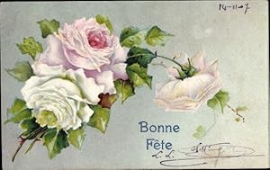 Präge Ansichtskarte / Postkarte Glückwunsch, Blühende Rosen, Bonne Fete