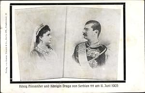 Ansichtskarte / Postkarte Porträt König Alexander von Serbien, Königin Draga, Trauerkarte zum Tod...