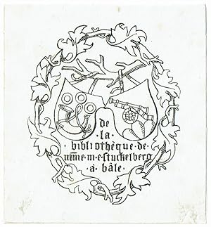 Seller image for De la bibliothque de mme. m. e. stuckelberg  bale. Allianzwappen an Aststck, von Ast mit Blttern gerahmt. for sale by Antiquariat Dietmar Brezina
