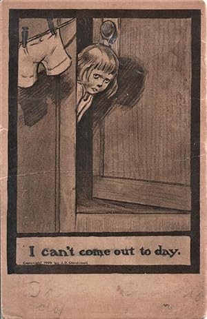 Bild des Verkufers fr curmudgeon kid postcard: I Can't Come Out To-Day zum Verkauf von Mobyville