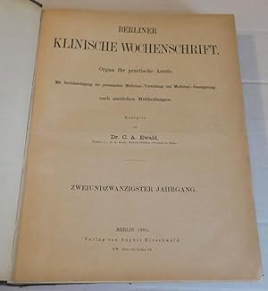Bild des Verkufers fr [ARTICLES ON CHOLERA, CROUP & DIPHTERIA, ETC. by RUDOLF VIRCHOW], as published in "BERLINER KLINISCHE WOCHENSCHRIFT. Organ fur practische Aerzte." Edited by Dr. C.A. Ewald. [A full year's run of 52 issues from January 5, 1885 through December 28, 1885, bound in one volume as published]. zum Verkauf von Blue Mountain Books & Manuscripts, Ltd.