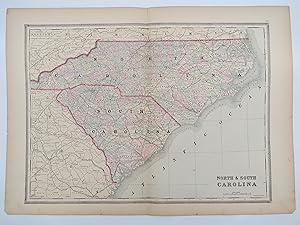 ORIGINAL 1888 HAND COLORED BRADLEY-MITCHELL MAP OF NORTH & SOUTH CAROLINA 19" X 25"