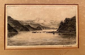Print of yacht and jetty at rural coastline