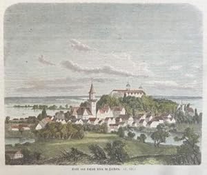 kolorierter Holzstich - Stadt und Schloss Plön in Holstein