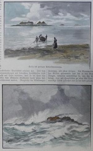 kolorierter Holzstich - ! zwei Holzstiche ! 1. Hallig bei geringer Überschwemmung, 2. Hallig bei ...