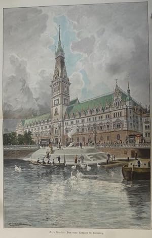 kolorierter Holzstich - Das neue Rathaus in Hamburg