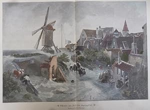 kolorierter Holzstich - Ostende zur Zeit der Springflut ( Belgien Hochwasser Flandern )