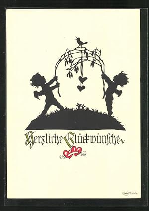 Imagen del vendedor de Knstler-Ansichtskarte Georg Plischke: Zwei Engelchen halten ste nach oben, Glckwunschkarte a la venta por Bartko-Reher