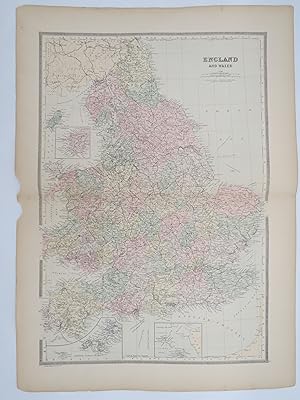 ORIGINAL 1888 HAND COLORED BRADLEY-MITCHELL MAP OF ENGLAND & WALES 19" X 25"