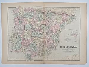 ORIGINAL 1888 HAND COLORED BRADLEY-MITCHELL MAP OF SPAIN & PORTUGAL 19" X 25"