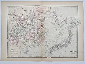 ORIGINAL 1888 HAND COLORED BRADLEY-MITCHELL MAP OF CHINA & JAPAN 19" X 25"