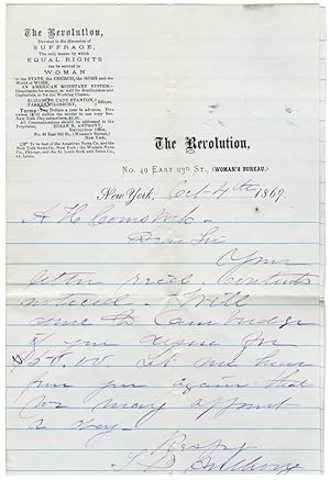 [AUTOGRAPH LETTER, SIGNED, FROM SUSAN B. ANTHONY TO A.H. COMSTOCK, WRITTEN ON THE LETTERHEAD OF T...