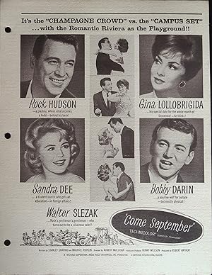 Seller image for Come September Campaign Sheet 1961 Rock Hudson, Gina Lollobrigida for sale by AcornBooksNH