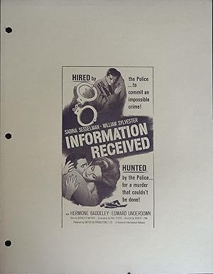 Seller image for Information Recieved Campaign Sheet 1962 Sabina Sesselman, William Sylvester for sale by AcornBooksNH
