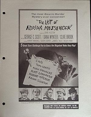 Immagine del venditore per The List of Adrian Messenger Campaign Sheet 1963 George C. Scott, Dana Wynter venduto da AcornBooksNH