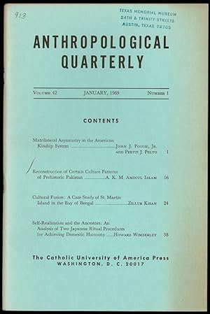 Bild des Verkufers fr Reconstruction of Certain Culture Patterns of Prehistoric Pakistan in Anthropological Quarterly Volume 42, Number 1 zum Verkauf von The Book Collector, Inc. ABAA, ILAB