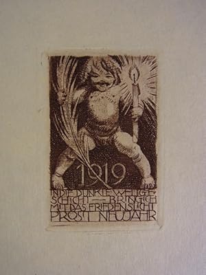 Imagen del vendedor de Neujahrsgraphik von Alfred Soder. Motiv: Knaben-Akt mit Kerze und groer Feder. Text: In die dunkle Weltgeschicht - bring ich mit das Friedenslicht. Prost Neujahr 1919. Original-Radierung a la venta por Antiquariat Weber