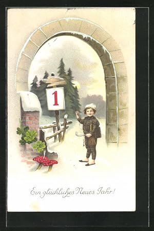 Imagen del vendedor de Knstler-Ansichtskarte Neujahrsgruss, kleine Glcksbringer, Schornsteinfeger a la venta por Bartko-Reher