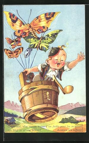 Künstler-Ansichtskarte Paul Minouvis: Fliegender Junge in Eimer von Schmetterlingen getragen